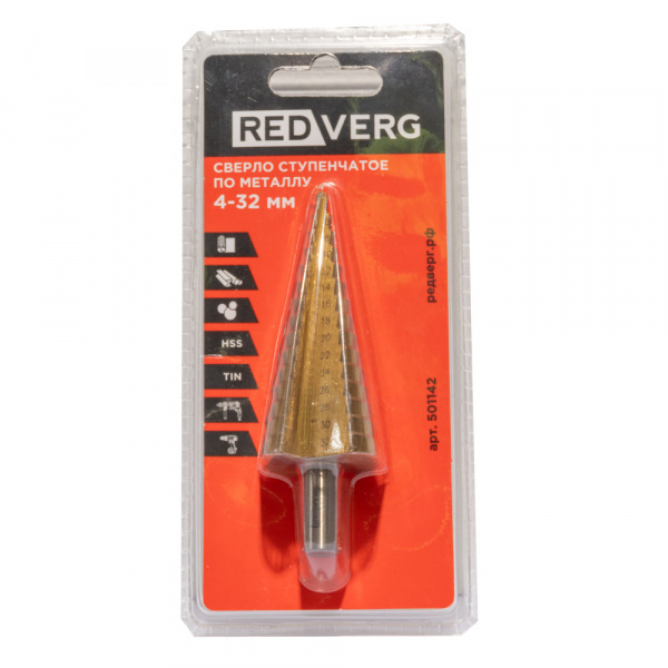 Сверло ступенчатое REDVERG по металлу HSS TIN 4-32 мм(501142)